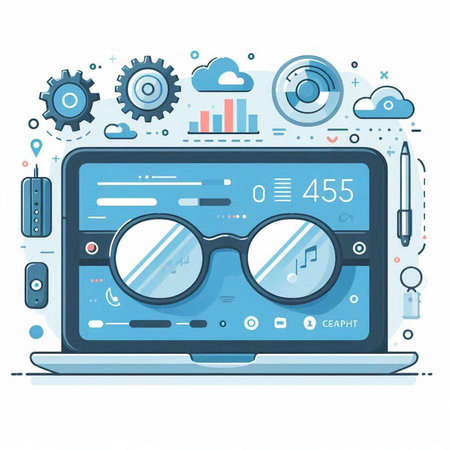 Laptop with glasses and gear icons. Modern thin line vector illustration.のイラスト素材