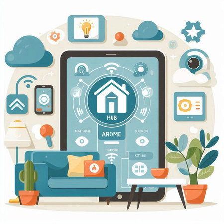 Modern flat design vector illustration concept of home automation. Smart home control system. Icons of smart home automation, smart living, internet of things, smart house.のイラスト素材