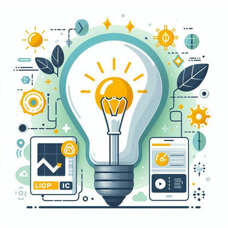 Lightbulb with glowing light bulb, flat design vector illustration.のイラスト素材