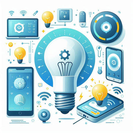 Vector illustration of lightbulb with different technology icons on white backgroundのイラスト素材