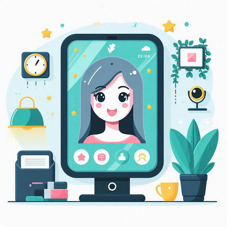 Girl on the phone screen. Vector illustration in a flat style.のイラスト素材