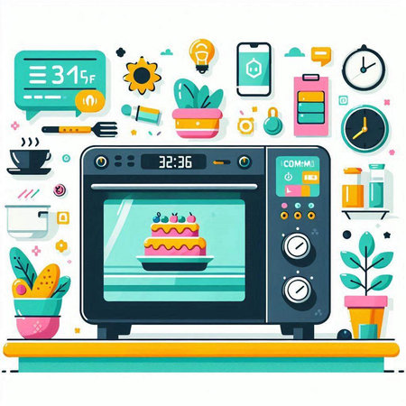 Flat design vector illustration concept of cooking in microwave oven with food and utensils.のイラスト素材