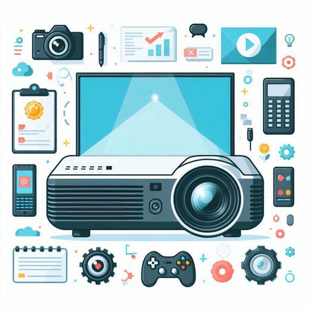 Vector illustration of a flat design of a multimedia projector, smartphone, tablet, camera, gamepad, video game controller, remote control and other equipment.のイラスト素材