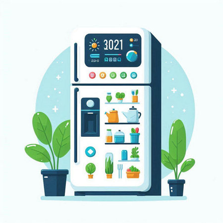 Home appliances. Refrigerator with different home appliances. Vector illustration.のイラスト素材