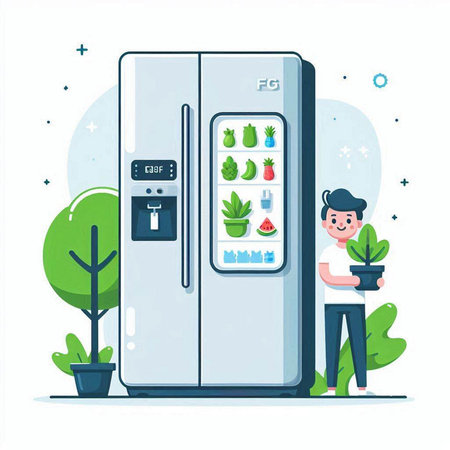 Man and Refrigerator with Fruits and Vegetables. Vector Illustrationのイラスト素材