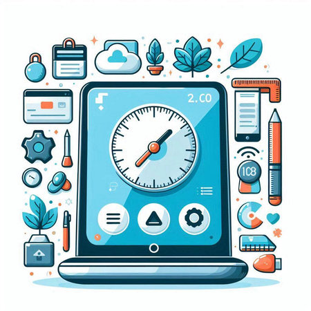 Time management concept. Vector flat design illustration of clock, gear, calculator, computer monitor, pencil, briefcase and other objects.のイラスト素材