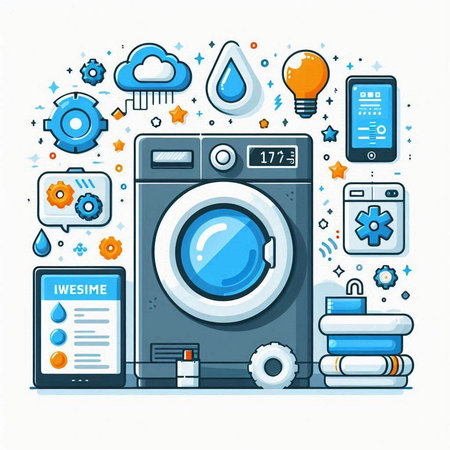 Laundry service concept. Washing machine with washing powder, water drops, towels and other things. Vector illustrationのイラスト素材