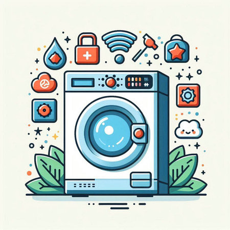 Vector illustration of washing machine with icons. Flat line style design.のイラスト素材