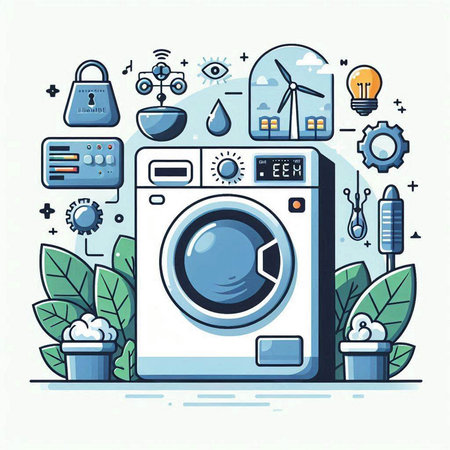 Washing machine in flat line style. Vector illustration of household appliances.のイラスト素材