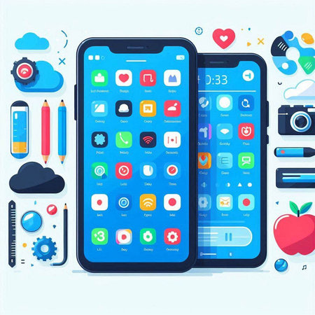 Smartphone with application icons on the screen. Flat vector illustration.のイラスト素材