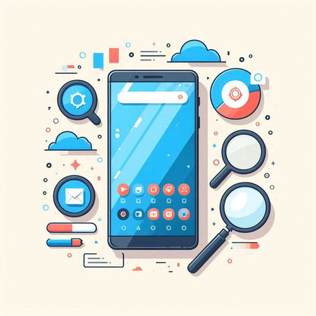 Smartphone with search bar and icons. Vector illustration in flat styleのイラスト素材