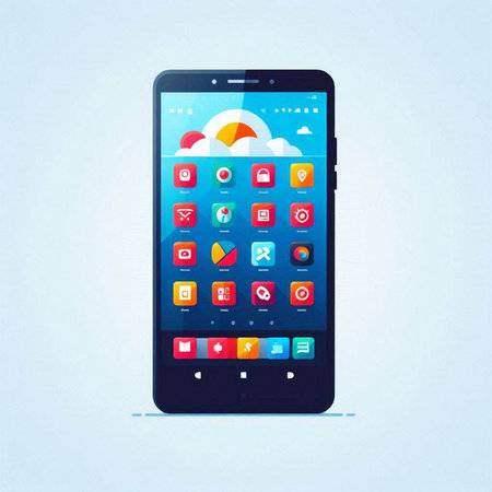 Smartphone with colorful application icons on the screen. Vector illustration.のイラスト素材