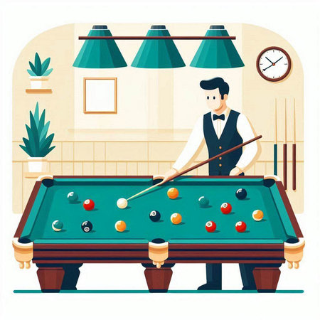 Young man playing billiards. Vector illustration in flat style.のイラスト素材