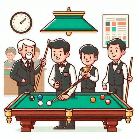 Billiard room with men and cue. Vector illustration in cartoon style.のイラスト素材