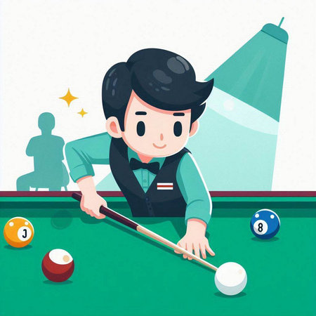 Illustration of a young man playing billiards with a cueのイラスト素材
