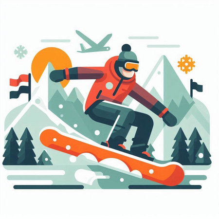 Snowboarder jumping in the mountains. Flat style vector illustration.のイラスト素材