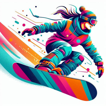 Vector illustration of a snowboarder on a colorful background with splashesのイラスト素材