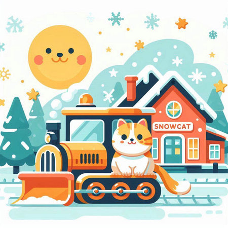 Vector illustration of a cute cat riding a toy train on a snow-covered road.のイラスト素材