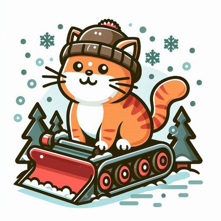 Cute cat with snow plow and fir tree. Vector illustration.のイラスト素材