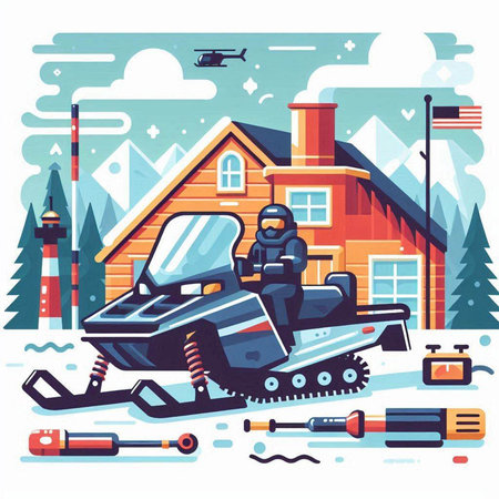 Snowmobile on the background of the house. Winter vector illustration.のイラスト素材