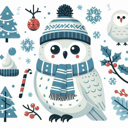 Cute winter card with owl in a hat and scarf. Vector illustration.のイラスト素材