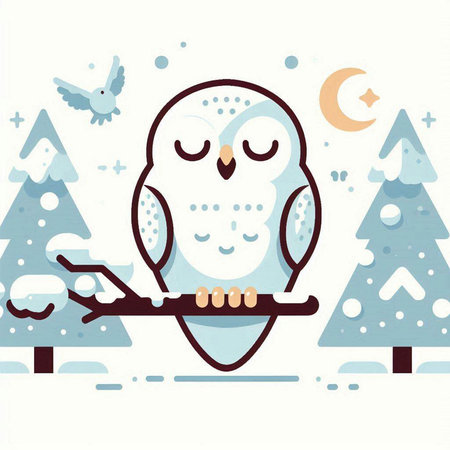 Cute cartoon owl sitting on branch in winter forest. Vector illustration.のイラスト素材