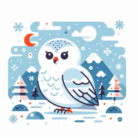 Snowy owl in the winter forest. Cute vector illustration.のイラスト素材