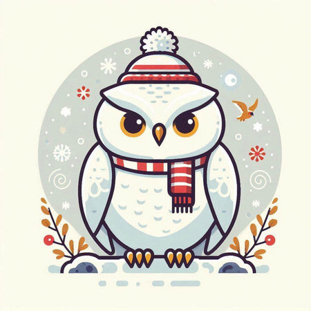 Christmas greeting card with cute owl in winter clothes. Vector illustration.のイラスト素材