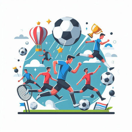 Soccer players with ball and trophy. Flat vector cartoon illustration.のイラスト素材