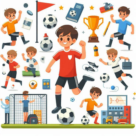 Soccer sport icons set with players and sports equipment isolated vector illustrationのイラスト素材