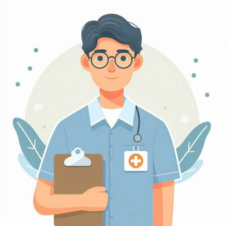Male doctor with stethoscope and clipboard. Flat vector illustration.のイラスト素材