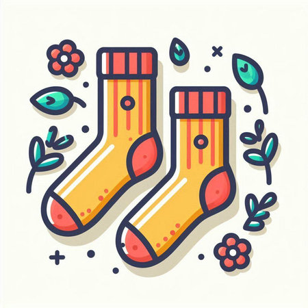Vector illustration of a pair of socks with floral ornament. Hand drawn style.のイラスト素材