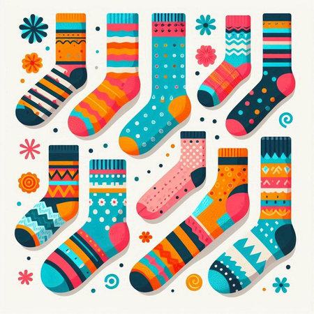 Set of colorful socks with different patterns. Vector illustration in flat style.のイラスト素材