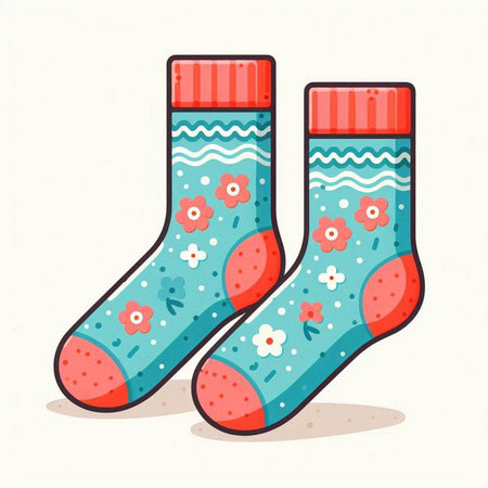 Pair of cute colorful socks with floral ornament. Vector illustration.のイラスト素材
