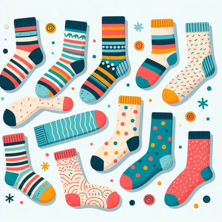 Set of colorful socks with different patterns. Hand drawn vector illustration.のイラスト素材