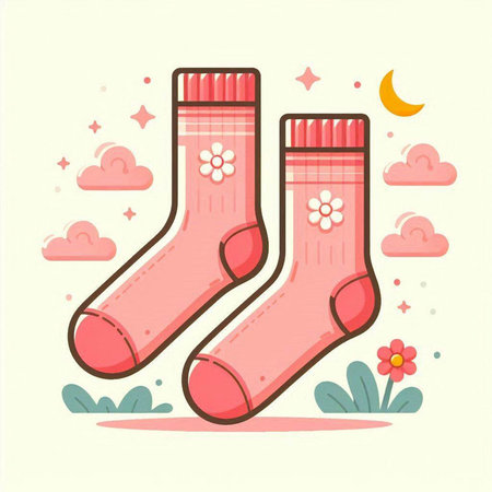 Vector illustration of pink socks with flowers and stars in the background.のイラスト素材