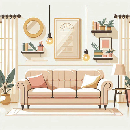 Living room interior with sofa, coffee table, bookshelf and plants. Vector illustration.のイラスト素材