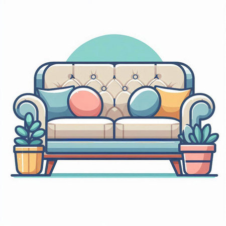 Sofa with cushions and pillows. Vector illustration.のイラスト素材