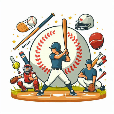 Baseball players with ball and bat on white background. Vector illustration.のイラスト素材
