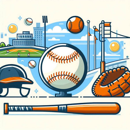 Baseball and baseball equipment on a background of the stadium. Vector illustrationのイラスト素材