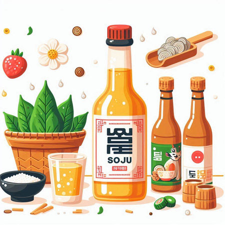 Soy sauce and ingredients. Vector illustration of soy sauce in bottle and glassのイラスト素材