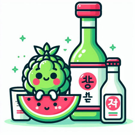 Cute watermelon cartoon character with tequila bottle and watermelonのイラスト素材