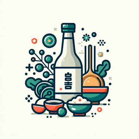 Soy sauce in a bottle and bowl with chopsticks. Vector illustrationのイラスト素材
