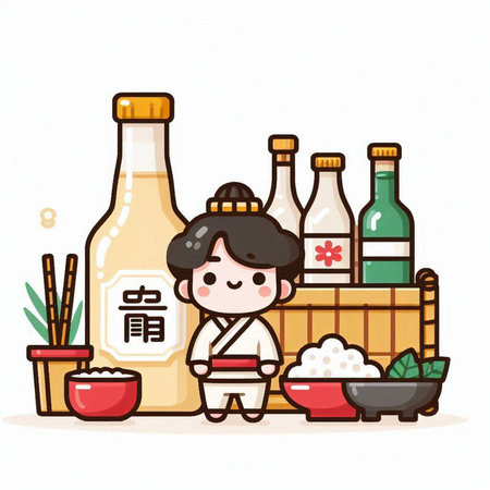 Illustration of a boy holding a bowl of soy sauce and sakeのイラスト素材