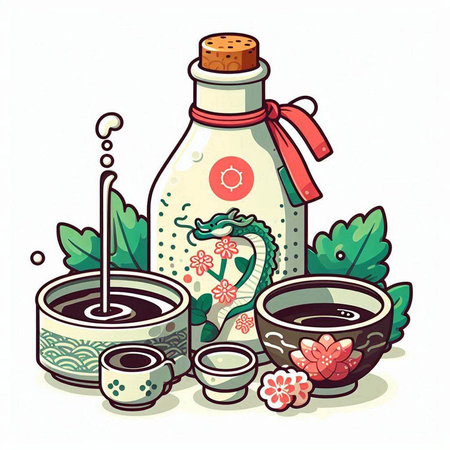 Sake in a glass bottle. Japanese tea ceremony. Vector illustration.のイラスト素材