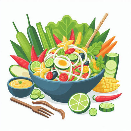 Salad with vegetables and eggs. Vector illustration in cartoon style.のイラスト素材