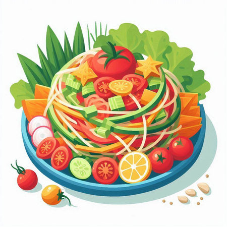 Vector illustration of fresh vegetable salad with tomato, cucumber, onion, pepper, lettuce and mayonnaiseのイラスト素材