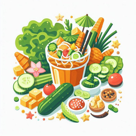 Vector illustration of Asian food. Noodles, vegetables, fish and fruits.のイラスト素材