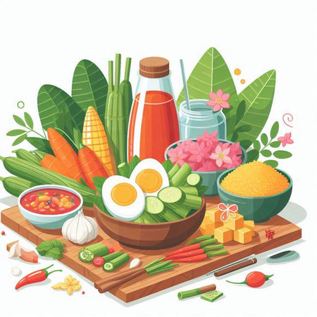 Vegetarian food. Healthy food. Vector illustration in cartoon styleのイラスト素材