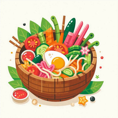 Bamboo basket with vegetables, fried eggs and herbs. Vector illustration.のイラスト素材